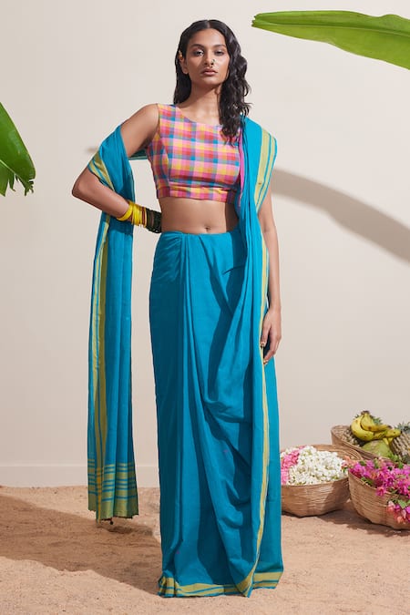 Dressfolk Blue Handwoven Designer Saree Set 