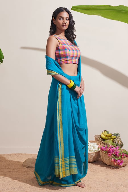 Buy Dressfolk Blue Cotton Handwoven Designer Saree Set With Running Blouse Buy_Dressfolk_Blue Cotton Handwoven Designer Saree Set With Running Blouse