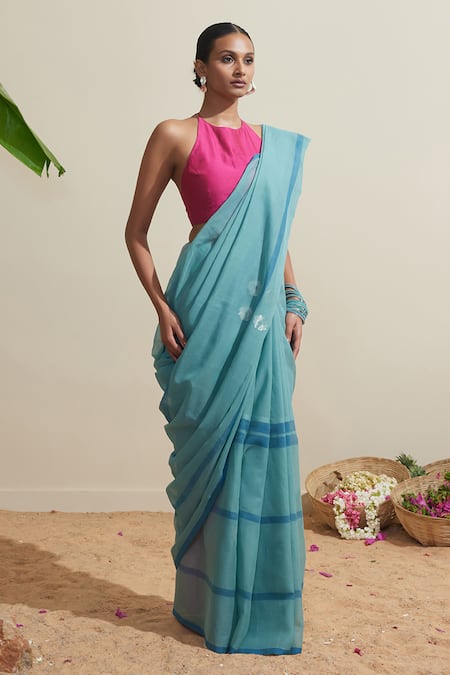 Buy_Dressfolk_Blue Cotton Embroidery Handwoven Designer Saree With Running Blouse _Online_at_Aza_Fashions