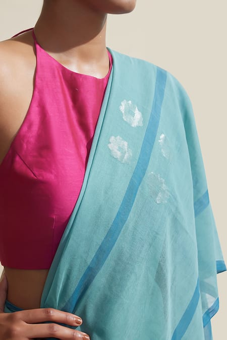 Dressfolk_Blue Cotton Embroidery Handwoven Designer Saree With Running Blouse _at_Aza_Fashions