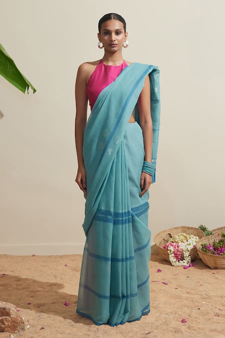 Buy_Dressfolk_Blue Cotton Embroidery Handwoven Designer Saree With Running Blouse 