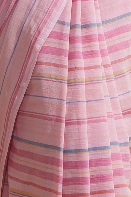 Dressfolk_Pink Cotton Striped Saree With Running Blouse _Online_at_Aza_Fashions