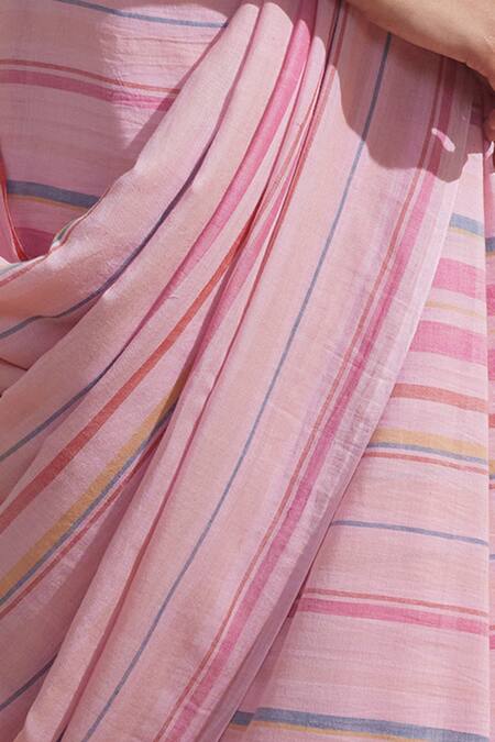 Shop_Dressfolk_Pink Cotton Striped Saree With Running Blouse _Online_at_Aza_Fashions