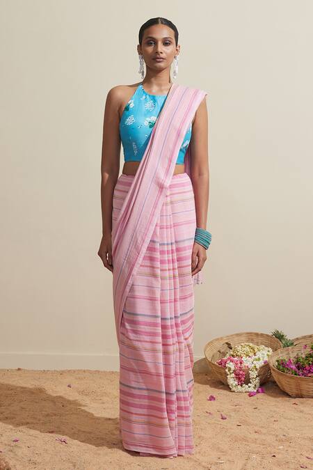 Dressfolk_Pink Cotton Striped Saree With Running Blouse _at_Aza_Fashions