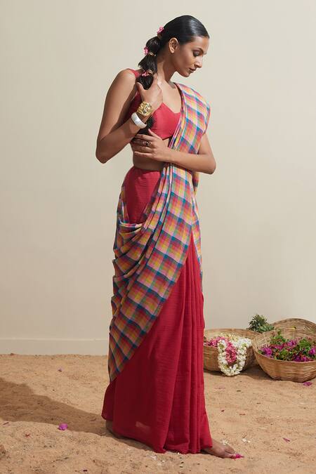 Buy_Dressfolk_Cotton Multi Check Saree With Running Blouse_Online_at_Aza_Fashions