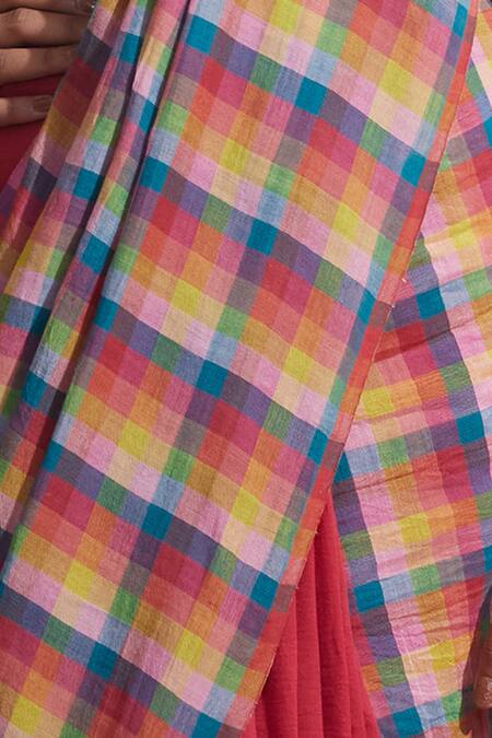 Shop_Dressfolk_Cotton Multi Check Saree With Running Blouse_Online_at_Aza_Fashions