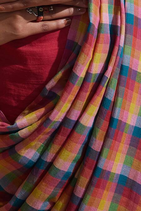 Dressfolk_Cotton Multi Check Saree With Running Blouse_at_Aza_Fashions