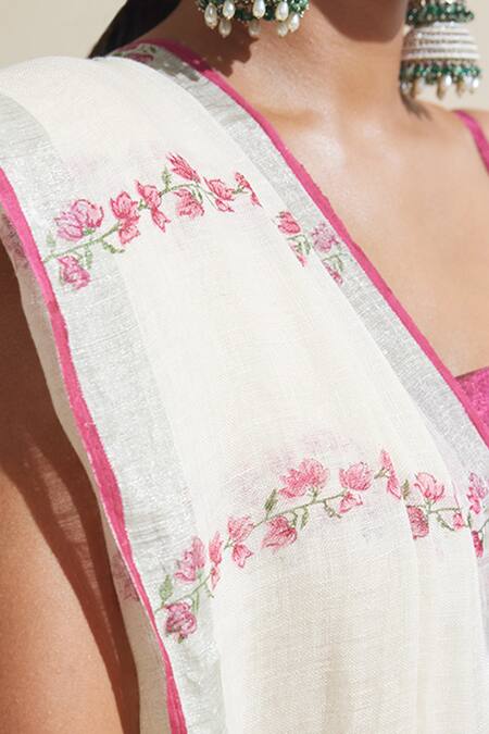 Dressfolk_White Linen Embroidery Floral Saree Set With Running Blouse_Online_at_Aza_Fashions