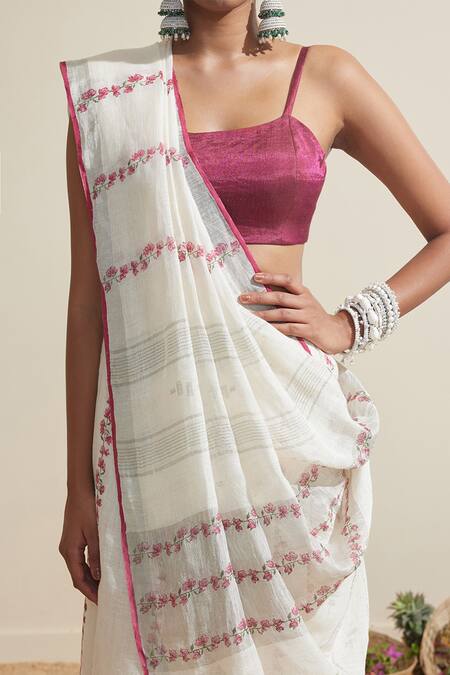 Buy_Dressfolk_White Linen Embroidery Floral Saree Set With Running Blouse