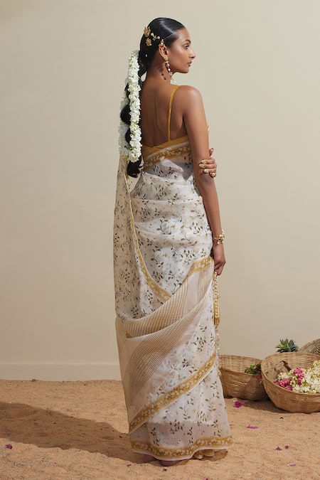 Dressfolk Ivory Floral Organza Saree with Running Blouse 