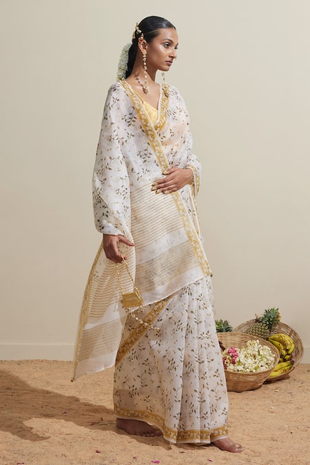 Shop_Dressfolk_Ivory Organza Embroidery Floral Saree With Running Blouse _Online_at_Aza_Fashions