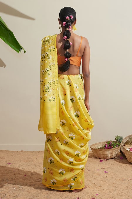 Shop Dressfolk Yellow Chanderi Floral Saree With Running Blouse at Aza Fashions Shop_Dressfolk_Yellow Chanderi Floral Saree With Running Blouse _at_Aza_Fashions