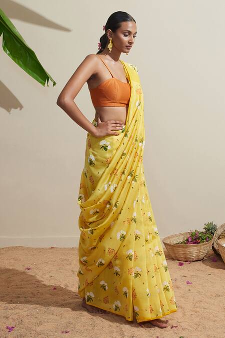 Dressfolk Yellow Chanderi Floral Saree With Running Blouse Online at Aza Fashions Dressfolk_Yellow Chanderi Floral Saree With Running Blouse _Online_at_Aza_Fashions