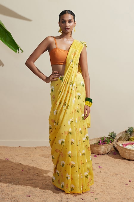 Dressfolk Yellow Chanderi Floral Saree