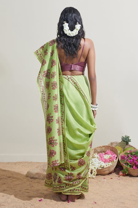 Shop Dressfolk Green Chanderi Embroidery Floral Saree With Running Blouse at Aza Fashions Shop_Dressfolk_Green Chanderi Embroidery Floral Saree With Running Blouse _at_Aza_Fashions