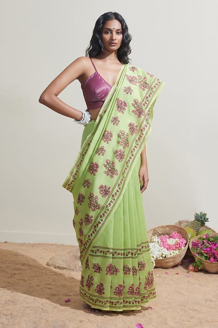 Dressfolk Green Chanderi Embroidery Floral Saree 