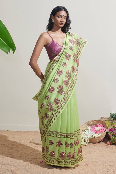 Dressfolk Green Chanderi Embroidery Floral Saree With Running Blouse at Aza Fashions Dressfolk_Green Chanderi Embroidery Floral Saree With Running Blouse _at_Aza_Fashions