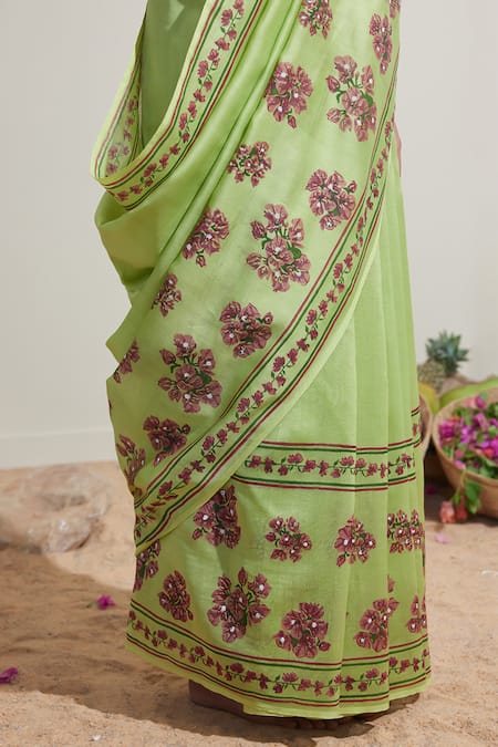 Buy Dressfolk Green Chanderi Embroidery Floral Saree With Running Blouse Buy_Dressfolk_Green Chanderi Embroidery Floral Saree With Running Blouse