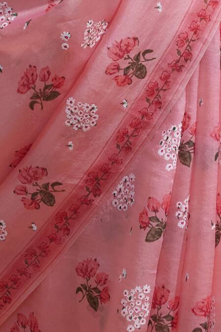 Dressfolk_Pink Organza Embroidery Floral Print Saree With Running Blouse _Online_at_Aza_Fashions