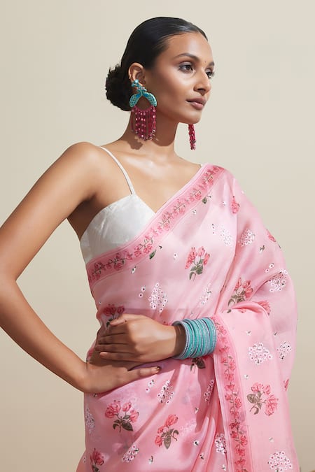 Buy_Dressfolk_Pink Organza Embroidery Floral Print Saree With Running Blouse _Online_at_Aza_Fashions