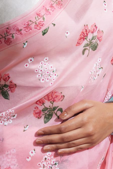 Shop_Dressfolk_Pink Organza Embroidery Floral Print Saree With Running Blouse _Online_at_Aza_Fashions