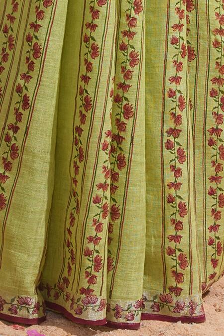 Dressfolk Green Linen Embroidery Saree With Running Blouse Online at Aza Fashions Dressfolk_Green Linen Embroidery Saree With Running Blouse_Online_at_Aza_Fashions