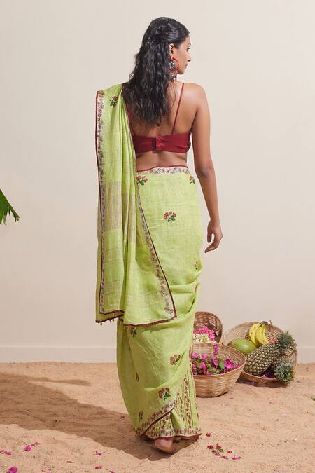 Shop Dressfolk Green Linen Embroidery Saree With Running Blouse at Aza Fashions Shop_Dressfolk_Green Linen Embroidery Saree With Running Blouse_at_Aza_Fashions
