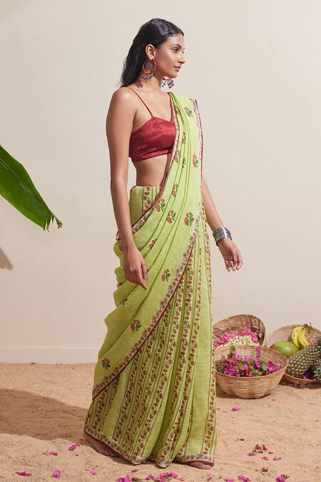 Dressfolk Green Linen Embroidery Saree With Running Blouse at Aza Fashions Dressfolk_Green Linen Embroidery Saree With Running Blouse_at_Aza_Fashions