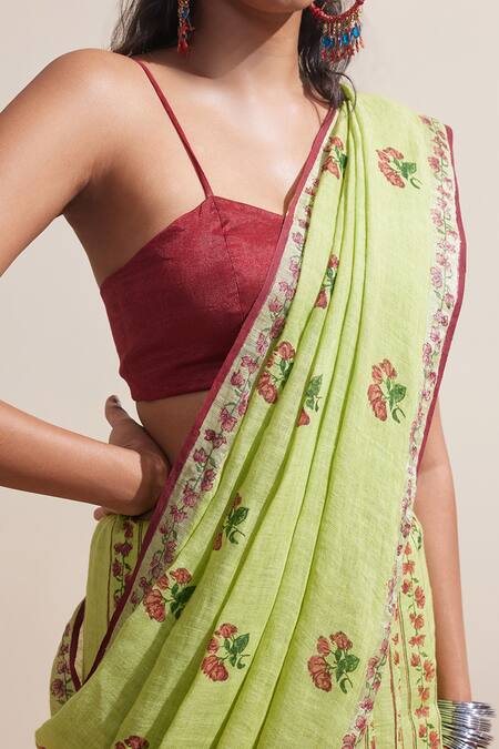 Buy Dressfolk Green Linen Embroidery Saree With Running Blouse Buy_Dressfolk_Green Linen Embroidery Saree With Running Blouse