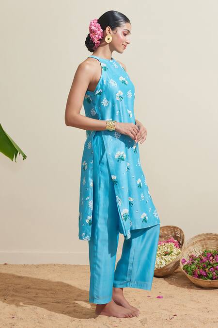 Dressfolk_Aqua Chanderi Embroidery Halter Neck Blue Kurta And Pant Set_Online_at_Aza_Fashions