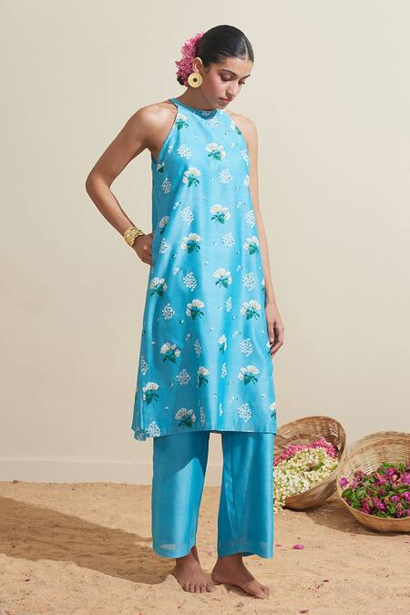 Shop_Dressfolk_Aqua Chanderi Embroidery Halter Neck Blue Kurta And Pant Set_Online_at_Aza_Fashions