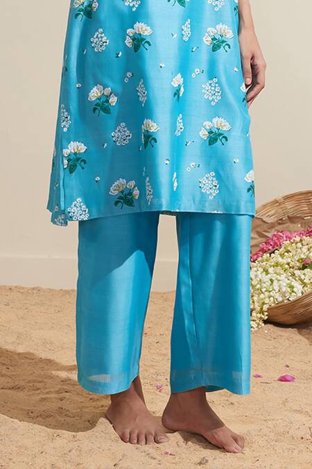 Dressfolk_Aqua Chanderi Embroidery Halter Neck Blue Kurta And Pant Set_at_Aza_Fashions