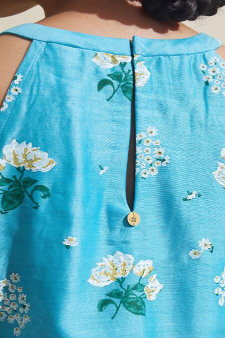 Buy_Dressfolk_Aqua Chanderi Embroidery Halter Neck Blue Kurta And Pant Set