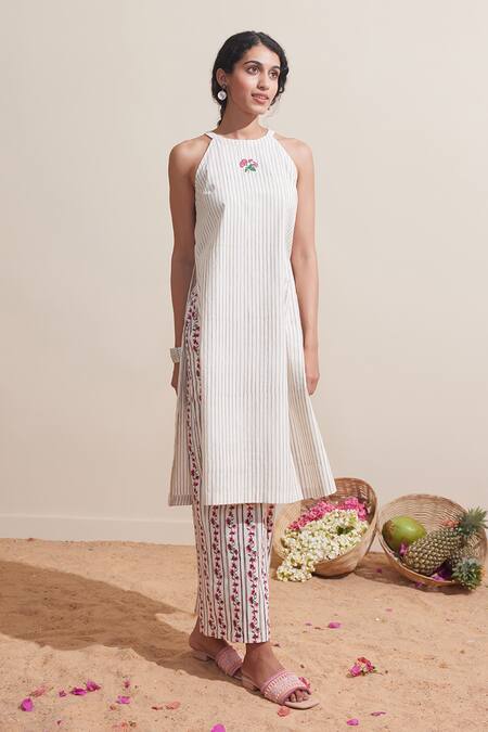 Buy Dressfolk Ivory Cotton Embroidery Halter Neck Striped Kurta And Printed Pant Set Online at Aza Fashions Buy_Dressfolk_Ivory Cotton Embroidery Halter Neck Striped Kurta And Printed Pant Set_Online_at_Aza_Fashions