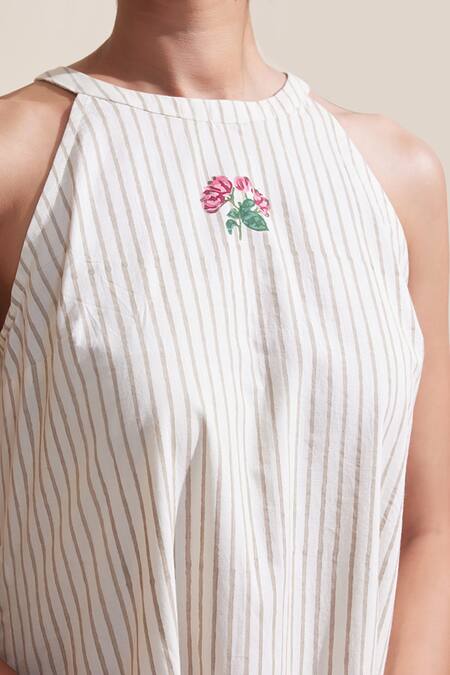 Shop Dressfolk Ivory Cotton Embroidery Halter Neck Striped Kurta And Printed Pant Set Online at Aza Fashions Shop_Dressfolk_Ivory Cotton Embroidery Halter Neck Striped Kurta And Printed Pant Set_Online_at_Aza_Fashions