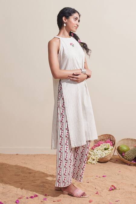 Buy Dressfolk Ivory Cotton Embroidery Halter Neck Striped Kurta And Printed Pant Set Buy_Dressfolk_Ivory Cotton Embroidery Halter Neck Striped Kurta And Printed Pant Set
