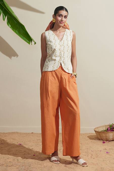 Dressfolk_Ivory Cotton, Linen Embroidery V-neck And Rust Cotton-linen Waistcoat Pant Set_Online_at_Aza_Fashions