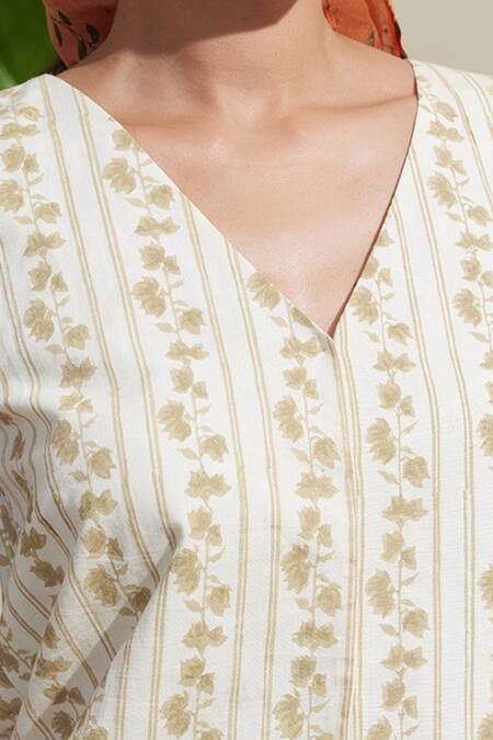 Buy_Dressfolk_Ivory Cotton, Linen Embroidery V-neck And Rust Cotton-linen Waistcoat Pant Set_Online_at_Aza_Fashions