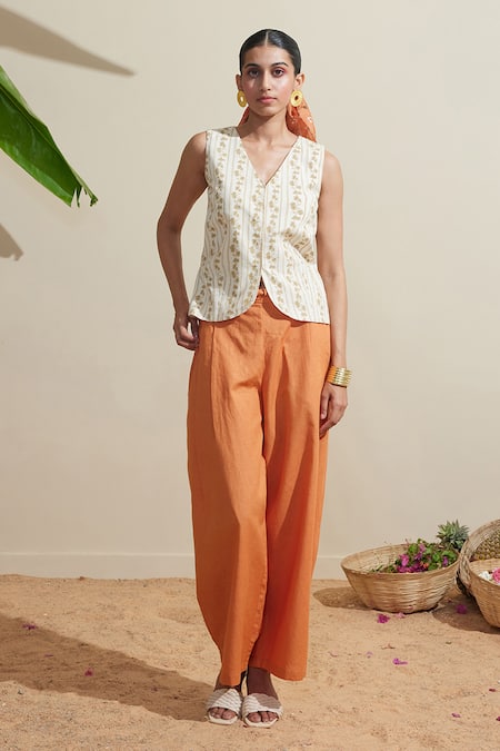 Dressfolk Ivory & Rust Cotton-Linen Waistcoat Pant Set 