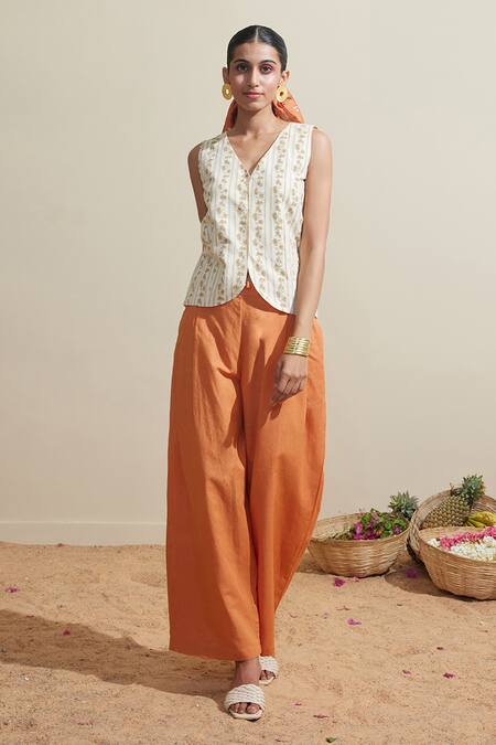 Shop_Dressfolk_Ivory Cotton, Linen Embroidery V-neck And Rust Cotton-linen Waistcoat Pant Set_Online_at_Aza_Fashions