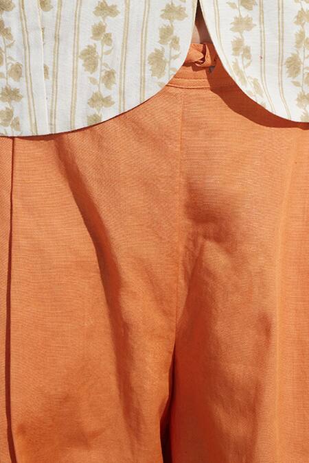 Dressfolk_Ivory Cotton, Linen Embroidery V-neck And Rust Cotton-linen Waistcoat Pant Set_at_Aza_Fashions