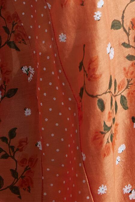 Dressfolk_Orange Chanderi Embroidery V-neck Floral Kurta Pant Set_Online_at_Aza_Fashions