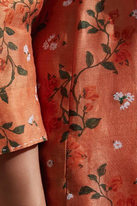 Buy_Dressfolk_Orange Chanderi Embroidery V-neck Floral Kurta Pant Set