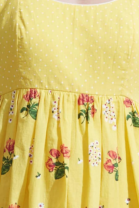 Dressfolk Yellow Cotton Round Neck Floral Print Dress Online at Aza Fashions Dressfolk_Yellow Cotton Round Neck Floral Print Dress _Online_at_Aza_Fashions