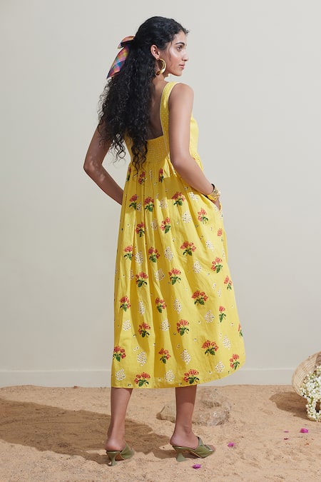 Shop Dressfolk Yellow Cotton Round Neck Floral Print Dress at Aza Fashions Shop_Dressfolk_Yellow Cotton Round Neck Floral Print Dress _at_Aza_Fashions