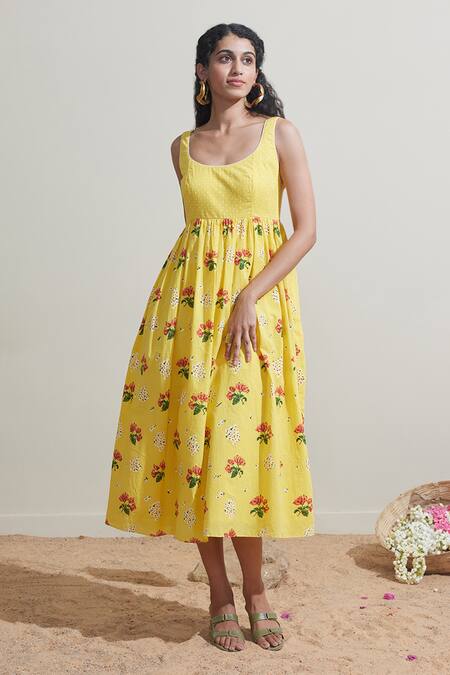 Buy Dressfolk Yellow Cotton Round Neck Floral Print Dress Online at Aza Fashions Buy_Dressfolk_Yellow Cotton Round Neck Floral Print Dress _Online_at_Aza_Fashions
