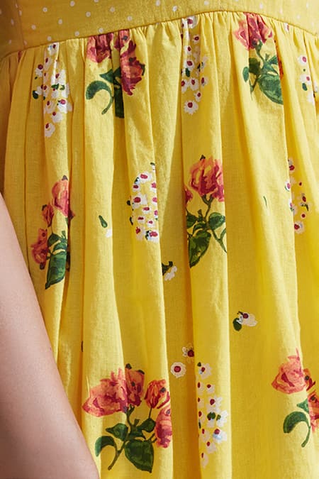 Shop Dressfolk Yellow Cotton Round Neck Floral Print Dress Online at Aza Fashions Shop_Dressfolk_Yellow Cotton Round Neck Floral Print Dress _Online_at_Aza_Fashions