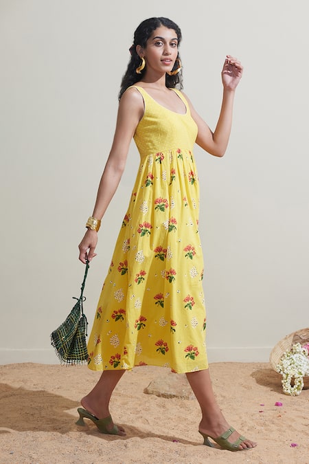 Dressfolk Yellow Cotton Round Neck Floral Print Dress at Aza Fashions Dressfolk_Yellow Cotton Round Neck Floral Print Dress _at_Aza_Fashions