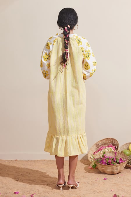 Shop Dressfolk Ivory Cotton Collared Floral Print Dress at Aza Fashions Shop_Dressfolk_Ivory Cotton Collared Floral Print Dress _at_Aza_Fashions