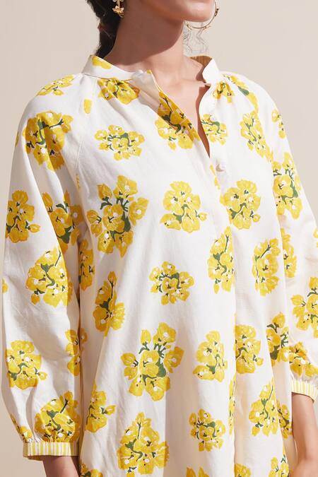 Shop Dressfolk Ivory Cotton Collared Floral Print Dress Online at Aza Fashions Shop_Dressfolk_Ivory Cotton Collared Floral Print Dress _Online_at_Aza_Fashions